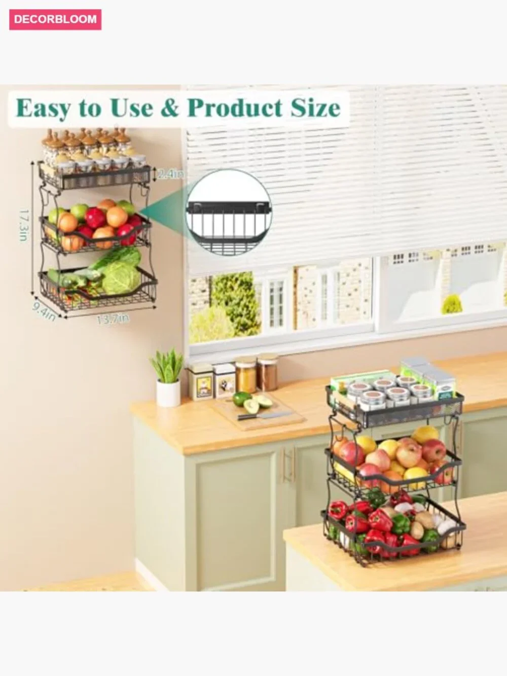3 Tier Countertop Fruit Mesh Basket with Banana Hooks